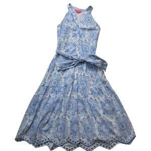 Lilly Pulitzer Kiri Eyelet Midi Dress Women's XS‎ Blue White Button Up Vacation